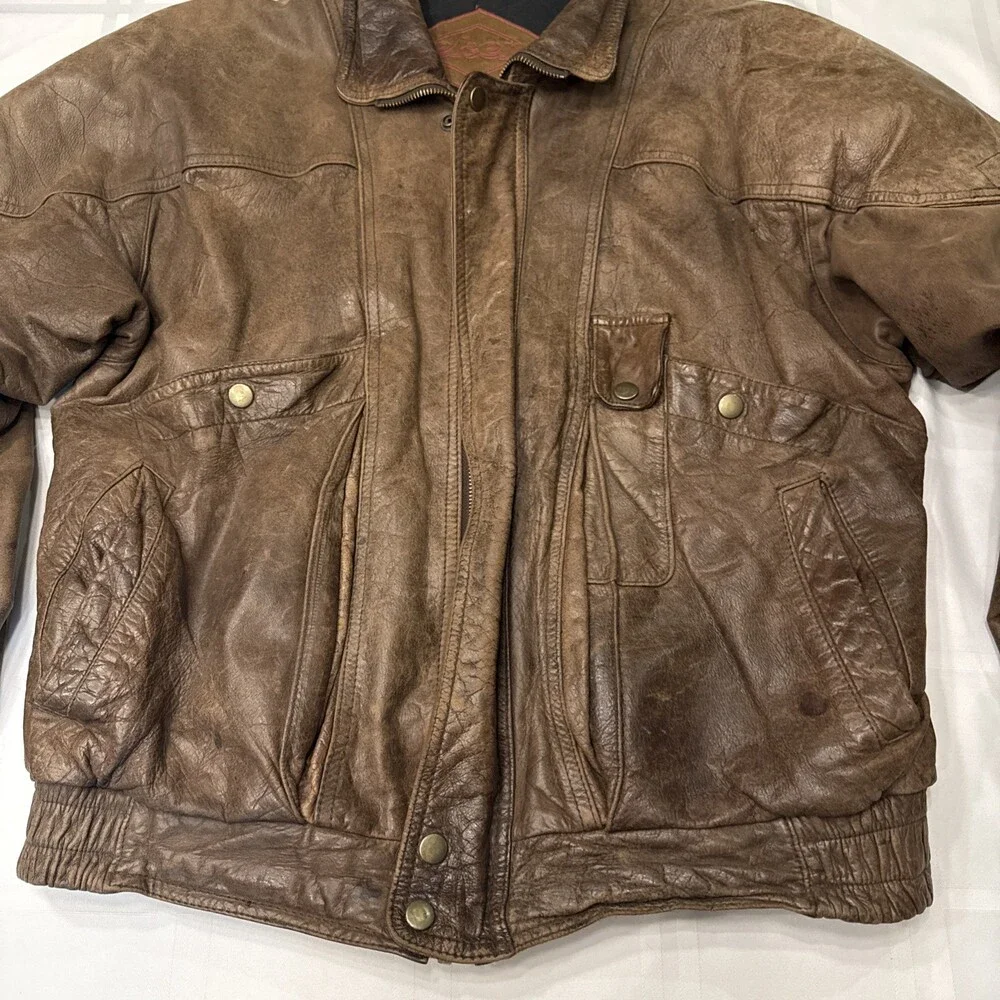 Vintage Weekends Men's Brown Leather Full-Zip Bomber Jacket Size M